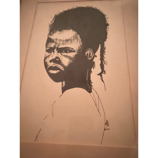 American 1970s Black Art Framed Black and White Portrait Drawing of a Young Person For Sale - Image 3 of 12