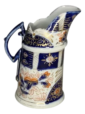 19th Century Derby Imari Porcelain Creamer: Blue Red Floral, Gold Gilt