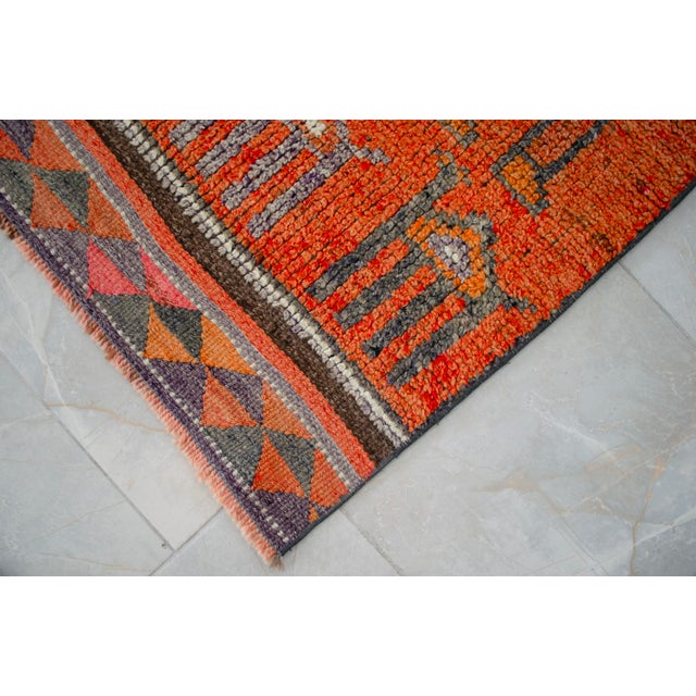 1970s Vintage Hand Knotted Turkish Rug Orange Gray Kitchen Runner 2x11 Rare Mythological Ancient Aliens Motif Rug For Sale - Image 10 of 12