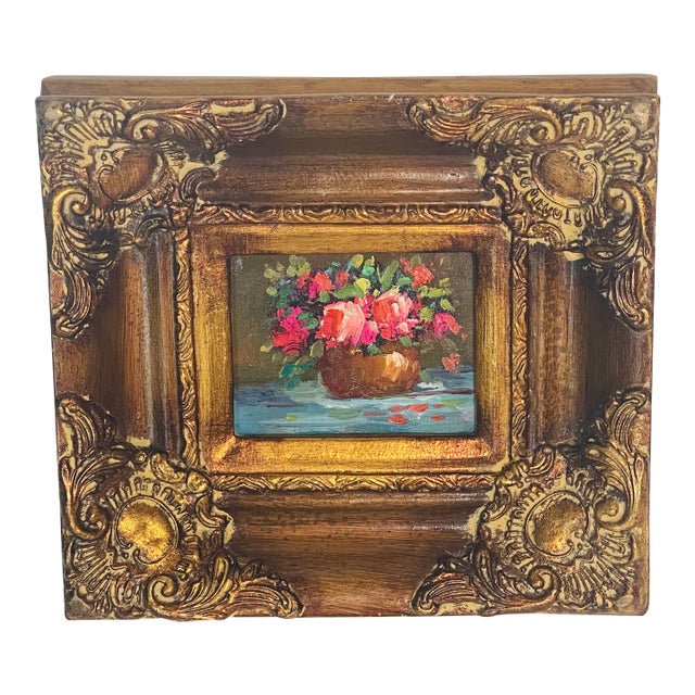 1960s Lovely Small Floral Oil on Board Painting With Antique Frame For Sale