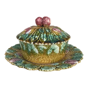 French Majolica Strawberries & Cherries Basket Sarreguemines Circa 1920