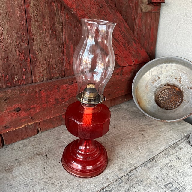 1930s Vintage Red Glass Oil Lamp With Clear Chimney & Brass Wick Holder For Sale - Image 5 of 15