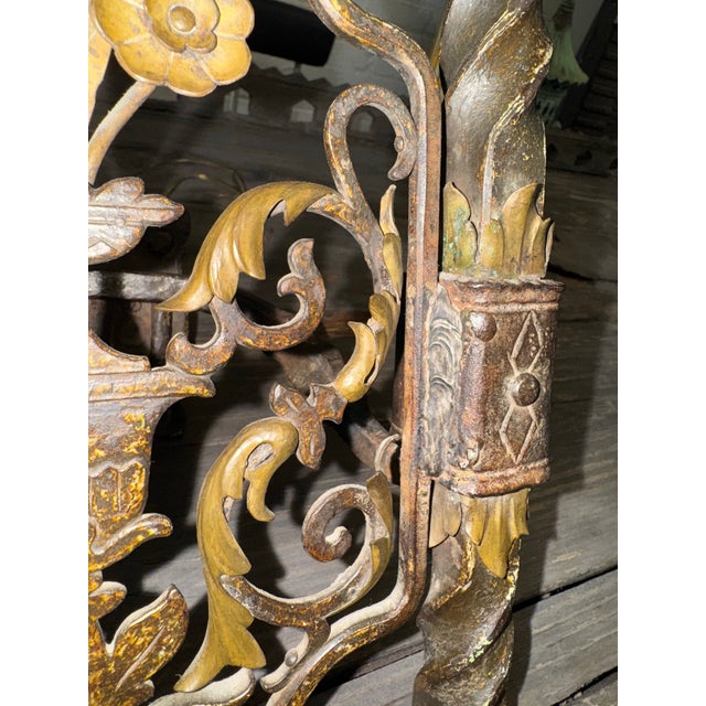 Brown Pair of 1920s Spanish Revival Iron Sconces, Hand-Forged With Gilded Floral Details For Sale - Image 8 of 12