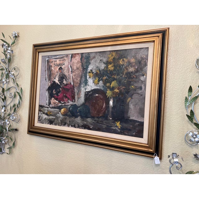Oil on canvas professionally framed in gilt/black wood with linen matte. Artist Maurice Mizeilie Heavily textured image of...