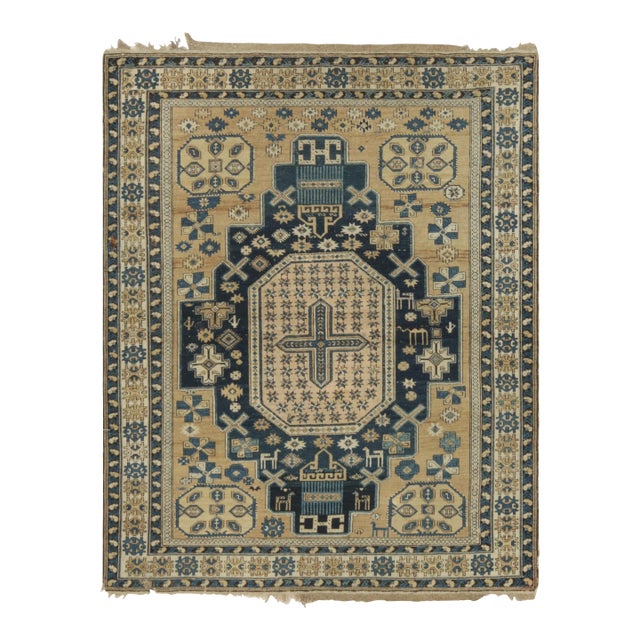 Antique Kuba Rug in Blue and Beige With Geometric Medallion - Rug & Kilim For Sale