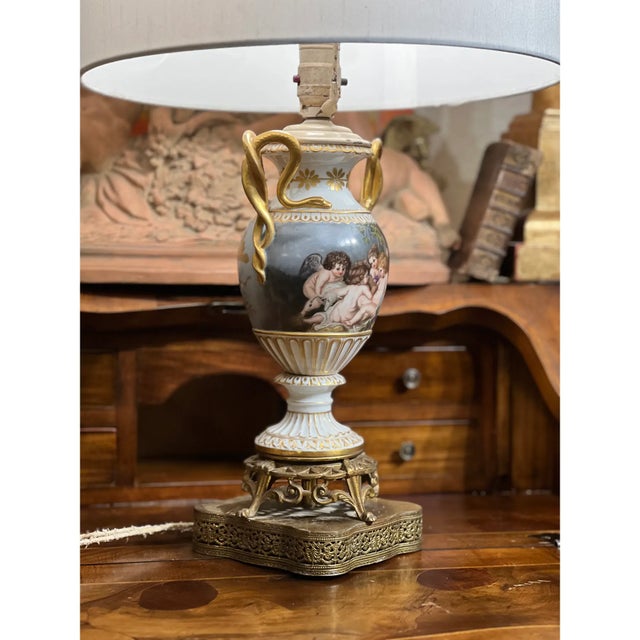 Late 19th Century French Louis XVI Style Hand Painted & Gilded Porcelain Vase Turned to a Table Lamp For Sale In Palm Springs - Image 6 of 11