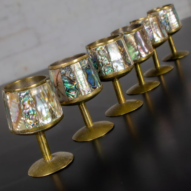 Mid-20th Century MCM 6 Cordial Stemmed Shots and Tray Set Abalone and Brass From Taxco Mexico For Sale - Image 11 of 18