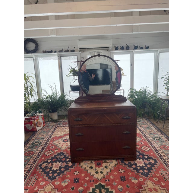 Brown Art Deco Waterfall Vanity - 3 Drawer Dresser - Walnut Inlays - Original Etched Mirror, c.1935 For Sale - Image 8 of 9
