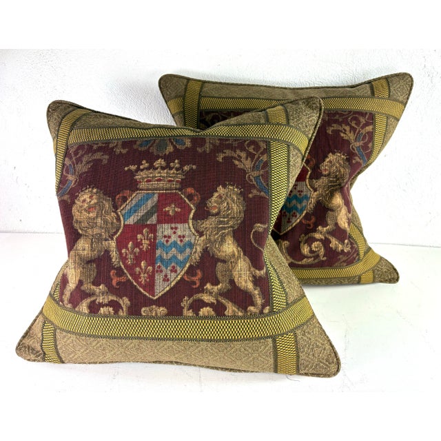2020s Handsome Coat of Arms Banded Cotton Print Pillows/a Pair For Sale - Image 5 of 10