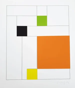 Gottfried Honegger, Composition 4 3D Squares (Orange, Green, Black, Yellow), 2015, Silkscreen