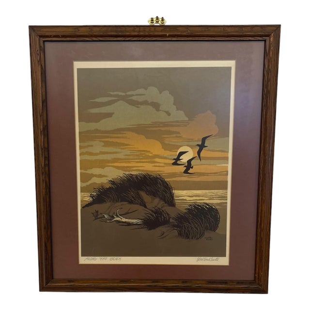 1970s Walton Butts Signed "Along the Beach" Coastal Landscape Art With Birds. For Sale