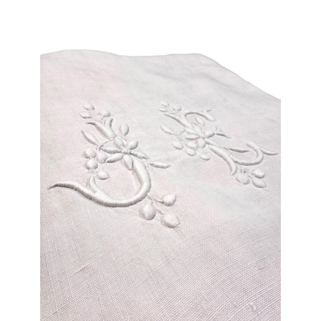 Antique French Linen Sheet, Jc Floral Monogram, Hand Embroidered Fine Linen, Circa 1900 For Sale - Image 9 of 11