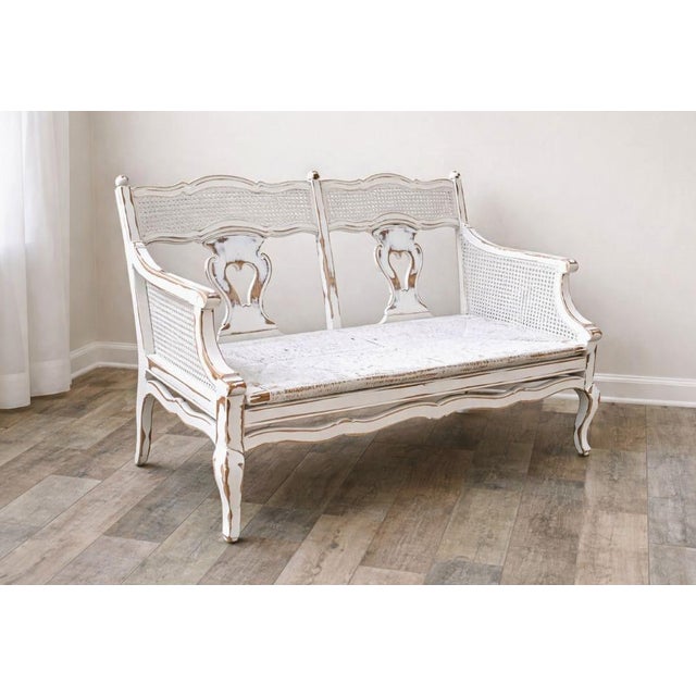 French Provincial French Country Settee With Cane Accent & Rush Seat For Sale - Image 3 of 14