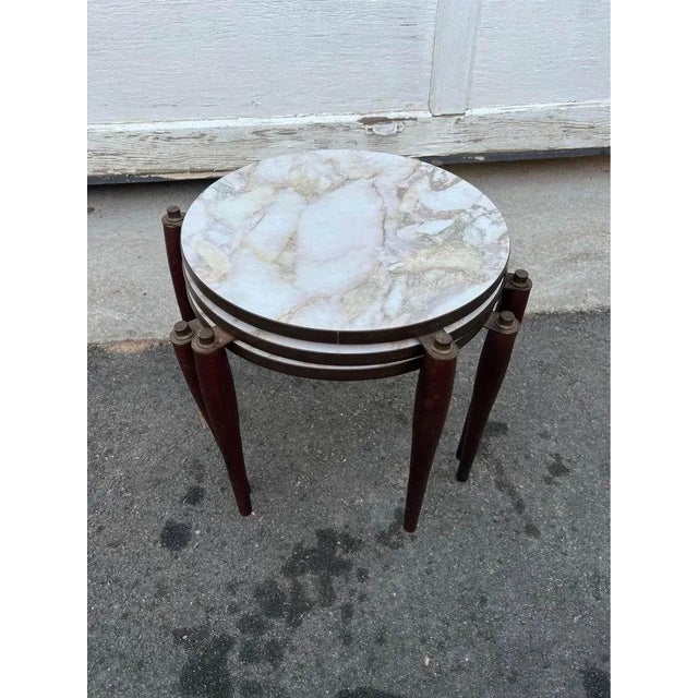 Mid Century Modern Fomica Nesting Table with Walnut Legs. Solid wood frame, faux marble Approximate measures: Height 15”...