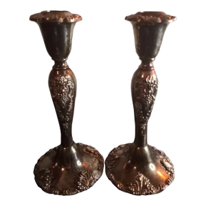 1980s Godinger Baroque Silverplated Candle Stick Holders Set of 2