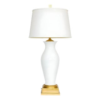 Mid-Century White Porcelain & Gold Leaf Table Lamp With Shade For Sale