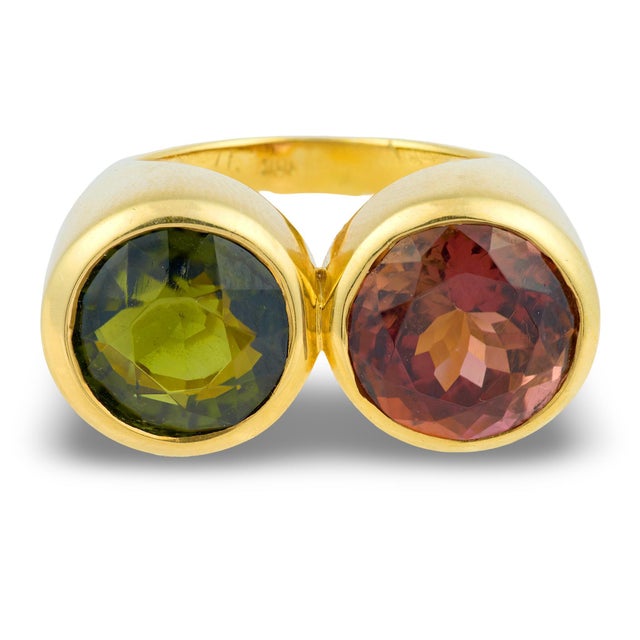 Contemporary Vintage Tourmaline 18k Gold Two Stone Cocktail Ring, Size 7 For Sale - Image 3 of 6