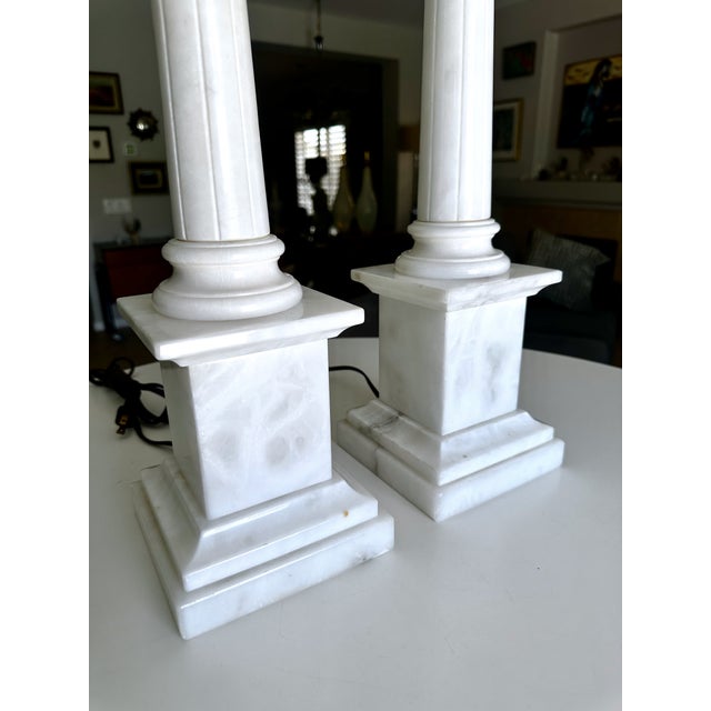 1960s Tall Italian Column Neoclassic Alabaster Table Lamps - a Pair For Sale - Image 13 of 18