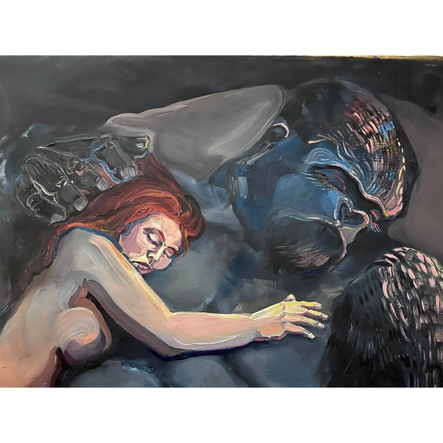 Woman Cuddling Gorilla on Unstretched heavy Canvas Good studio condition; raw edges as shown. See photos for scale....