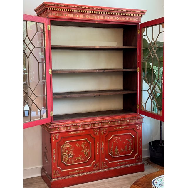 Chinoiserie Mid-20th Century Scarlet Chinoiserie Bookcase Cabinets For Sale - Image 3 of 12