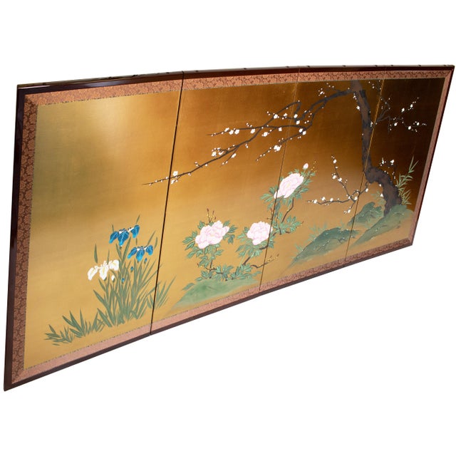 Fine Japanese painted 4-panel byobu (folding screen) "Plum Blossom, Peony, Iris" by Japanese artist Kokei. Signed and...