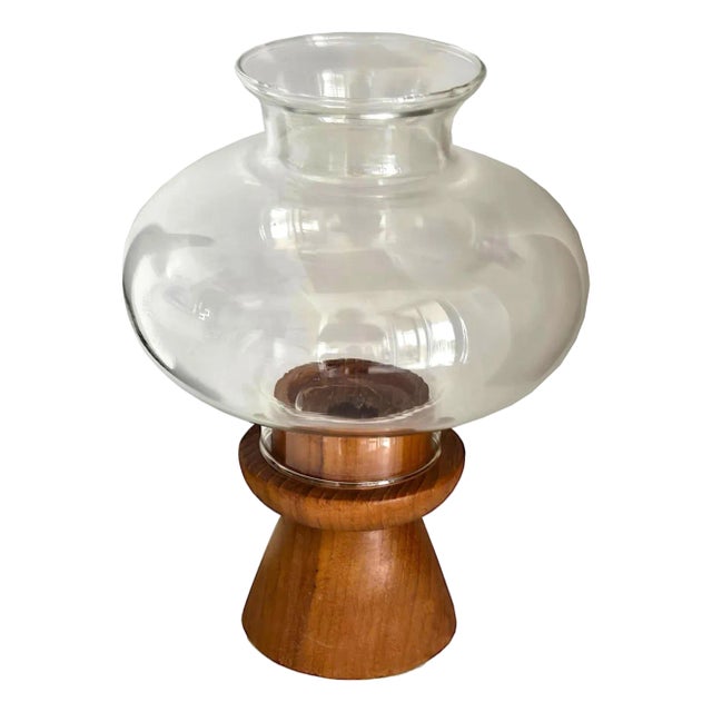 Mid 20th Century Teak Wood Hurricane Candle Holder With Glass Chimney For Sale