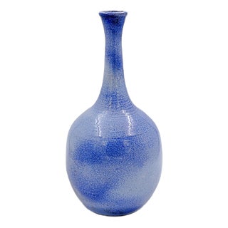 Large Vintage Long-Necked Vase in Blue Glazed Terracotta For Sale