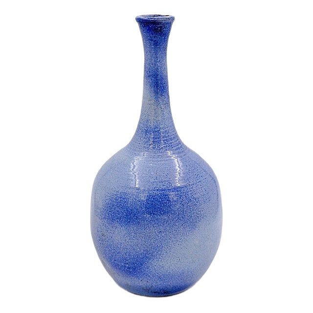 Large Vintage Long-Necked Vase in Blue Glazed Terracotta For Sale