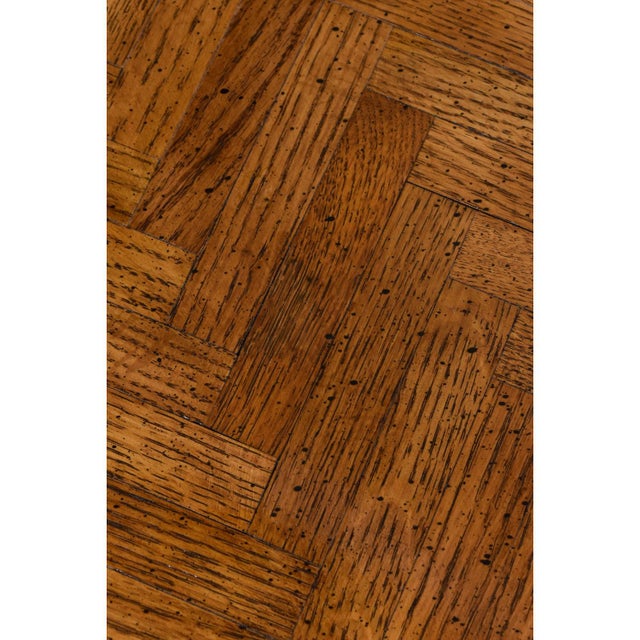 Art Deco Inspired Herringbone Parquet Top Gold Trim Oak Console Table For Sale - Image 9 of 9