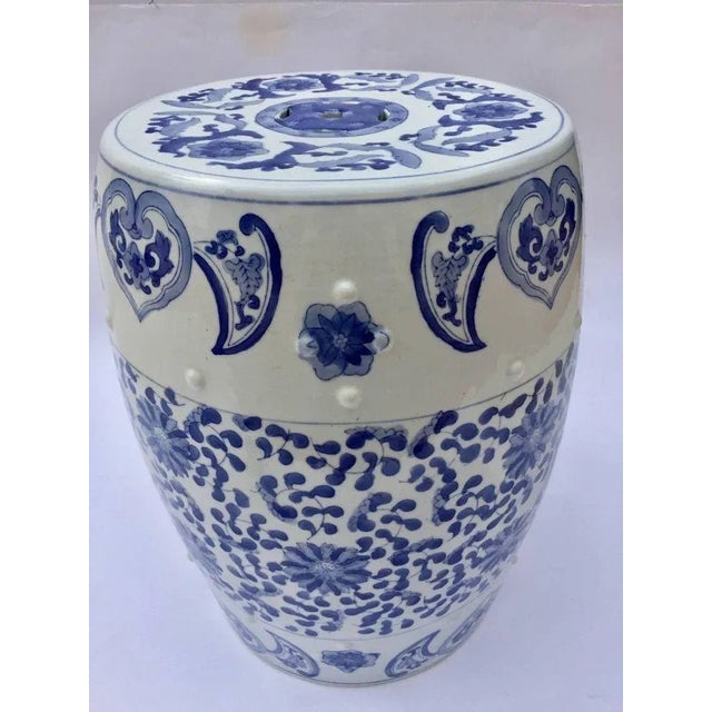 Mid 20th Century Ceramic Asian Garden Seat in Blue and White Floral Motifs For Sale - Image 5 of 12