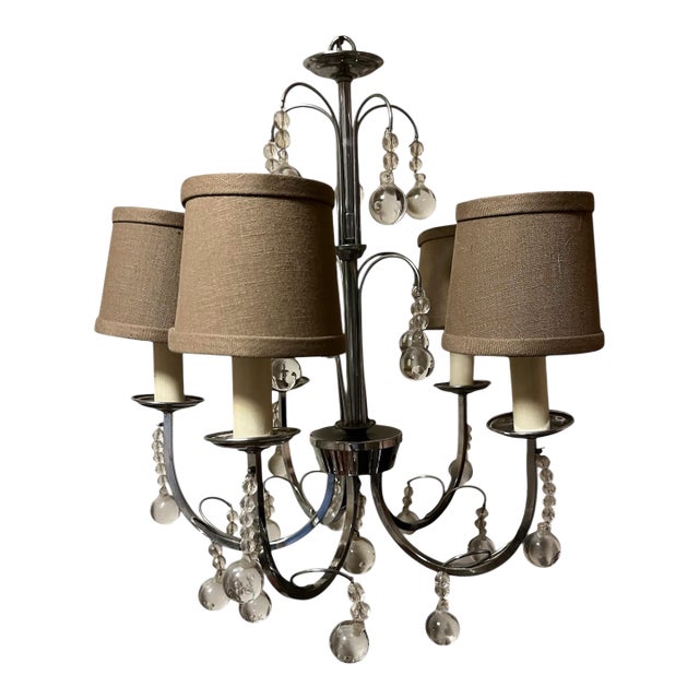 French Vintage 5 Arm Chandelier With Glass Orb Drops For Sale