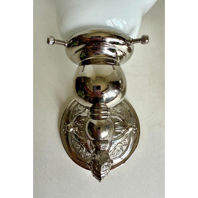 Art Deco Pair of Art Deco–Inspired Chrome & Opal (Milk) Glass Bathroom Wall Sconces For Sale - Image 3 of 12