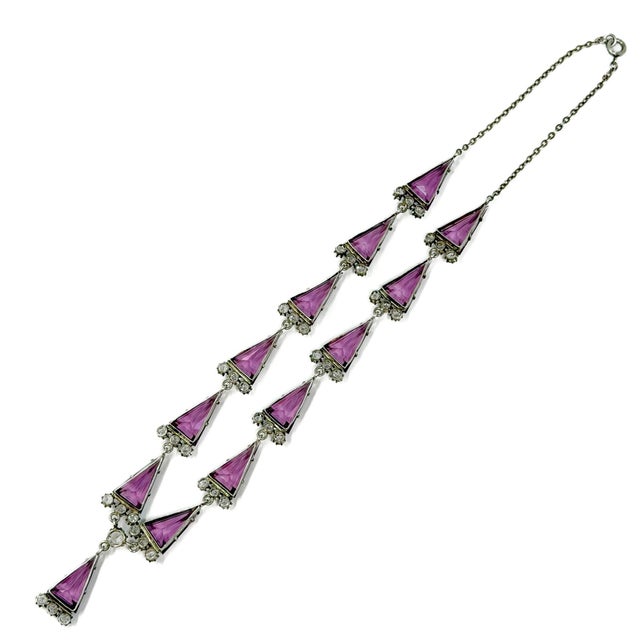Art Deco Silver, Purple Triangular Glass and Paste Necklace and Earrings, 1920s, Set of 2 For Sale - Image 11 of 17
