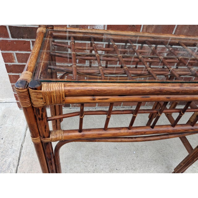 Large Mid Century Boho Chic Rattan Console Table With Glass Top. For Sale - Image 9 of 10