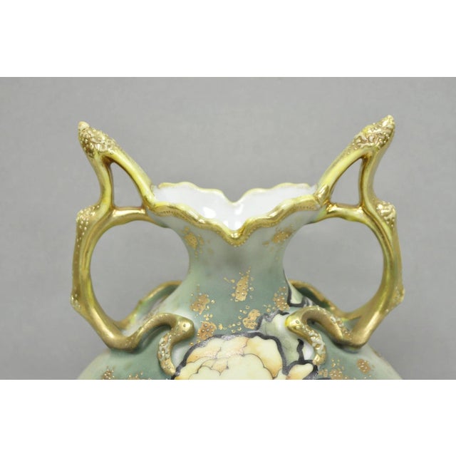 Art Nouveau Antique Nippon Hand Painted Porcelain Twin Branch Handle Yellow Rose Small Vase For Sale - Image 3 of 13