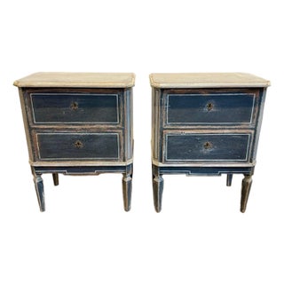Pair of German Hand Painted Side Tables in Navy Blue and Grey For Sale