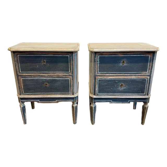 Pair of German Hand Painted Side Tables in Navy Blue and Grey For Sale