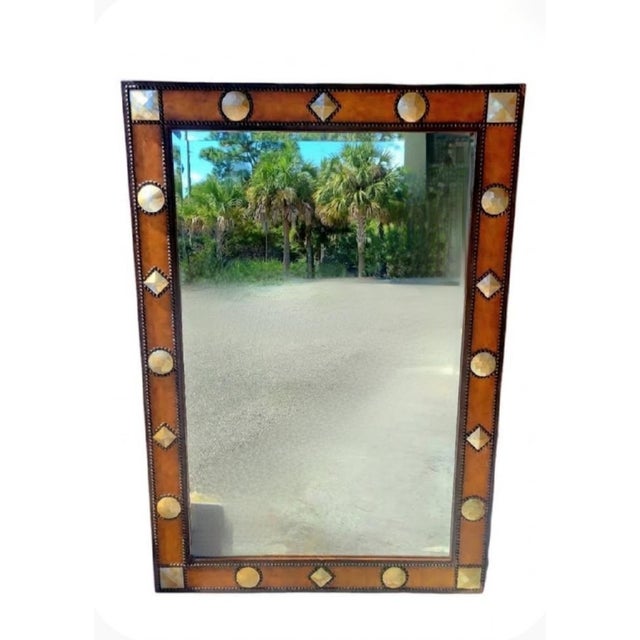 Brown ​vintage Grand Scale Studded Leather and Mother-of-Pearl Inset Wall Mirror For Sale - Image 8 of 12