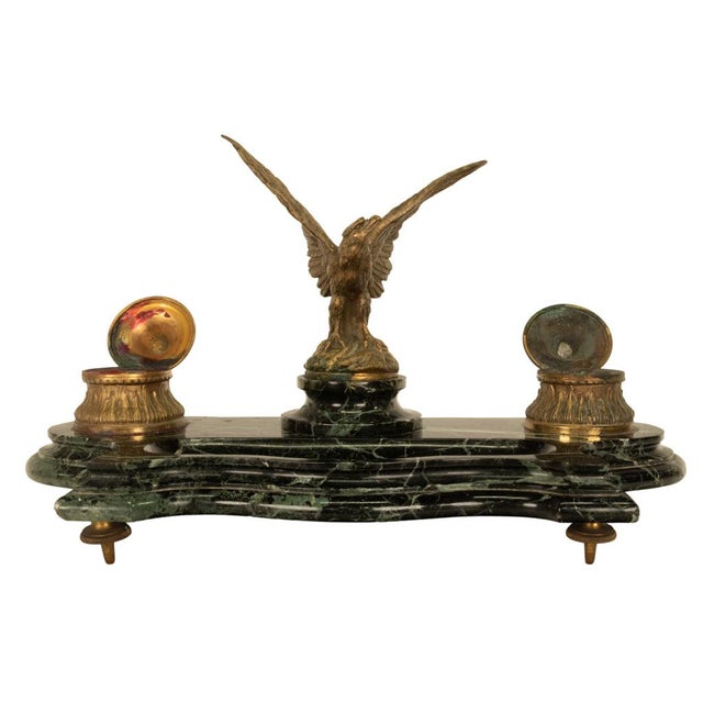 Late 19th Century Antique 19thC French Empire Gilt Bronze Marble Eagle Desk Set Twin Inkwell 1880 For Sale - Image 5 of 16