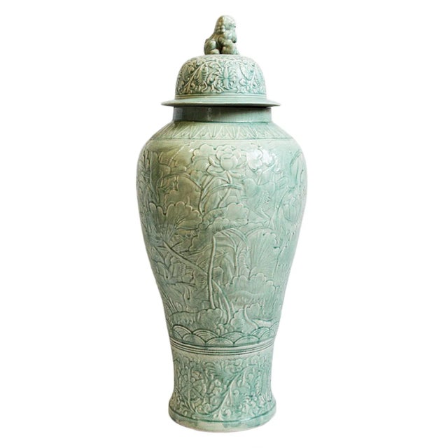 Mid 20th Century Vintage Mid 20th Century Pale Green Tall Porcelain Urn For Sale - Image 5 of 5