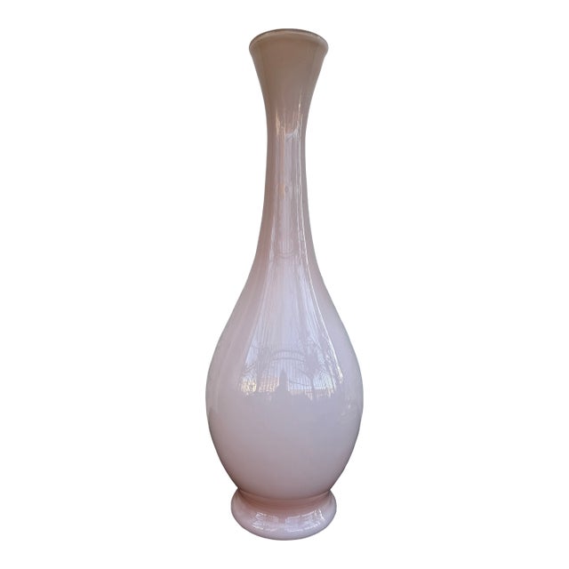 Vintage Empoli Glass Vase Pink White Case Long Neck Genie Bottle Decanter 18” For Sale
