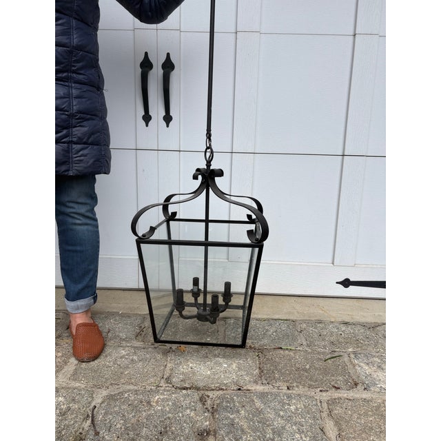 Late 20th Century Large, 4-Light Hanging Foyer Lantern With a Classic Black Finish For Sale - Image 4 of 4