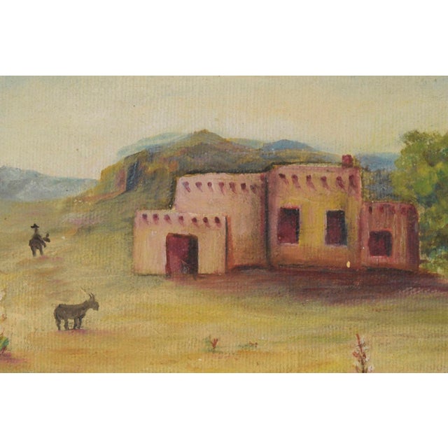 Beautiful landscape oil painting depicting a red adobe house as the focal point with cactus, donkeys and trees...