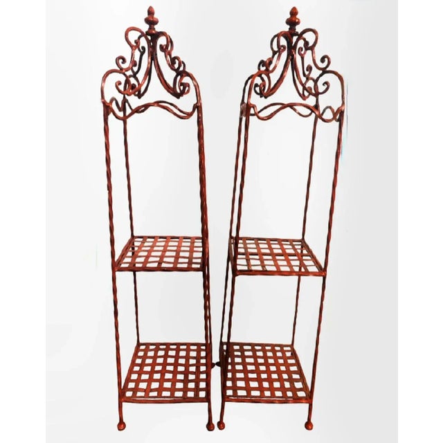 Red Vintage Tall Red Decorative Iron Pagoda Shaped 2 Shelf Room Decor Small Etagere's- A Pair For Sale - Image 8 of 8
