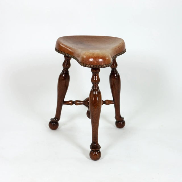 Turned Mahogany Three-Legged Saddle-Seat Stool, Leather Seat With Nailhead Trim English Circa 1850 For Sale - Image 9 of 9