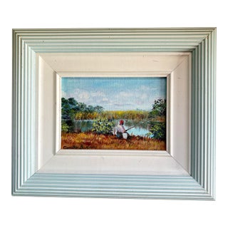 1970s Original Carolton Barron Florida Marsh Landscape Painting in Light Blue Frame For Sale