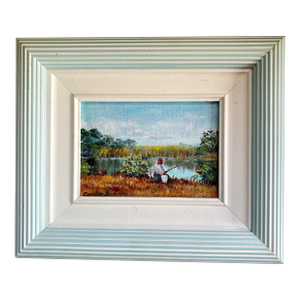 1970s Original Carolton Barron Florida Marsh Landscape Painting in Light Blue Frame