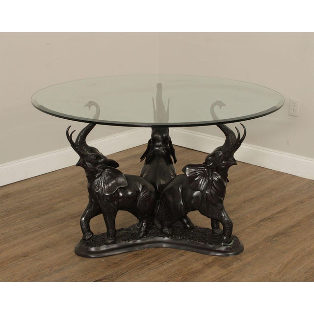 High Quality Dining Or Center Table Base With Trio of Cast Bronze Elephants Supporting Round Beveled Glass Top, Possibly...