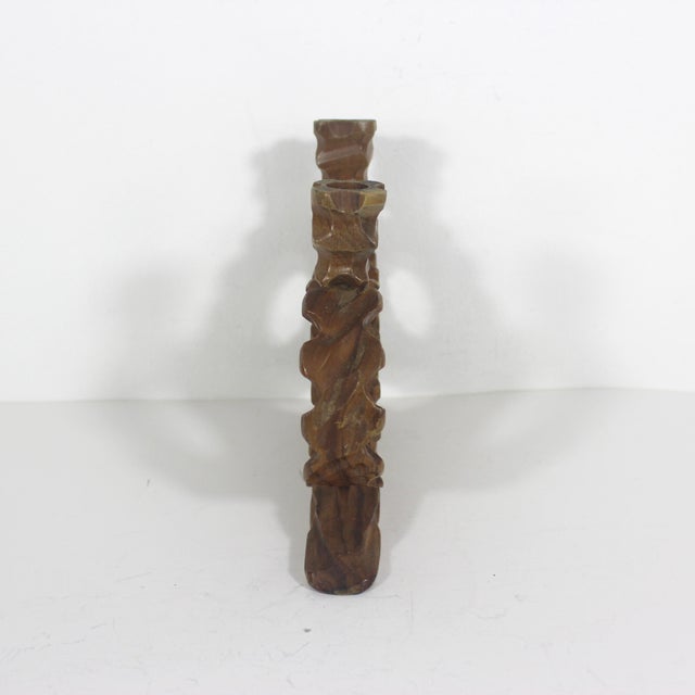 Brutalist Mid 20th Century Spanish Brutalist Carved Olive Wood Two Arm Handmade Wooden Candelabra For Sale - Image 3 of 11