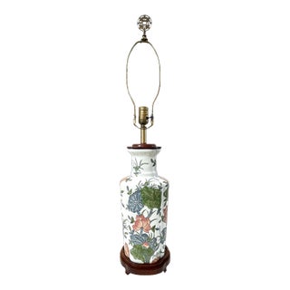 Vintage Green Pink Lotus Blossom Chinoiserie Lilly Pad Lamp Asian Finial For Sale